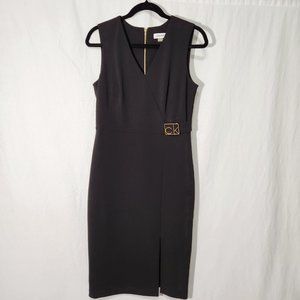 CALVIN KLEIN Minimalist Stretchy Sleeveless Gold MK Black Dress Size 6 LIKE NEW!